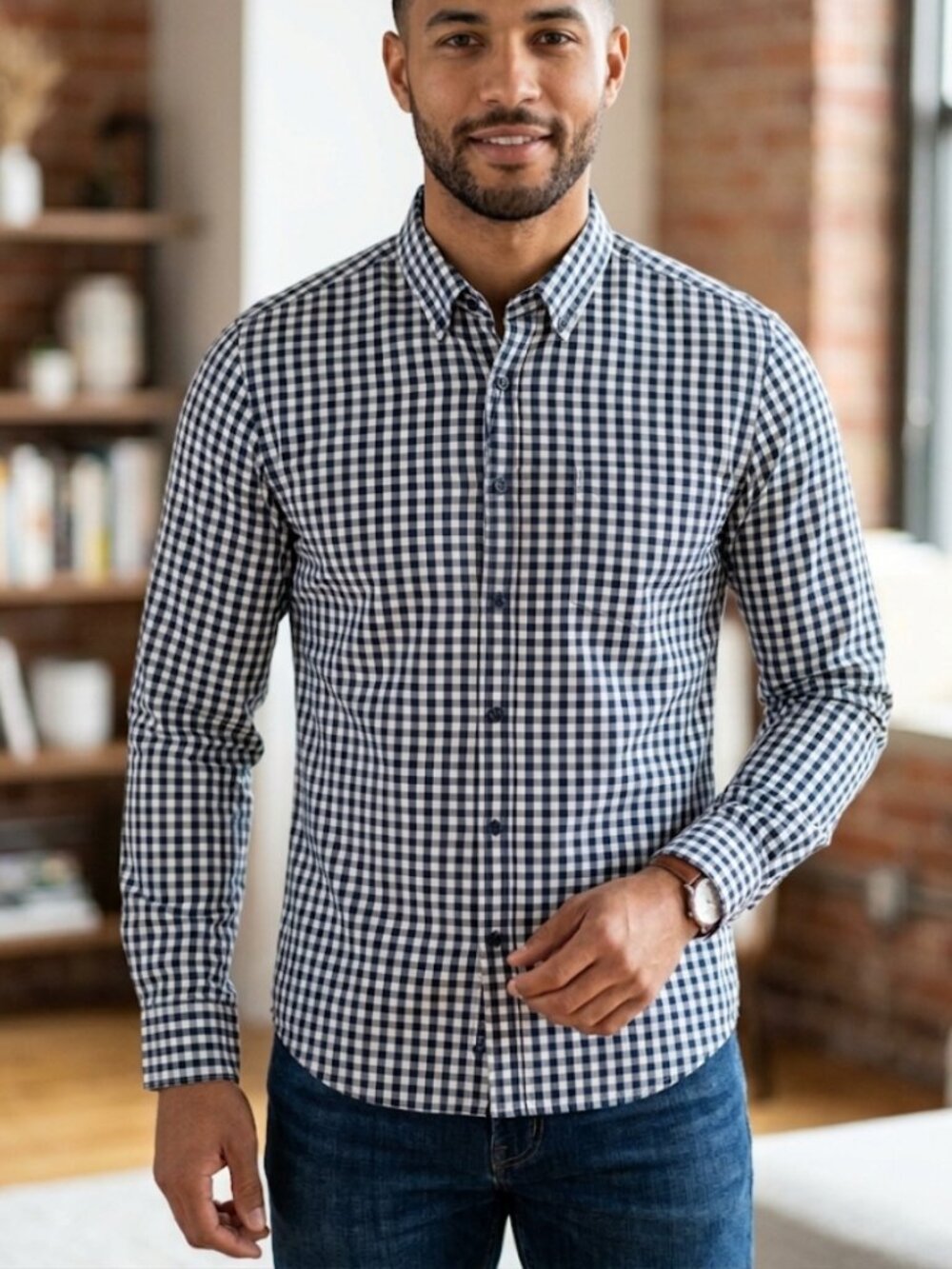 NWT Denim & Flower Navy Blue & White Gingham Button-Down Shirt Mens Size L